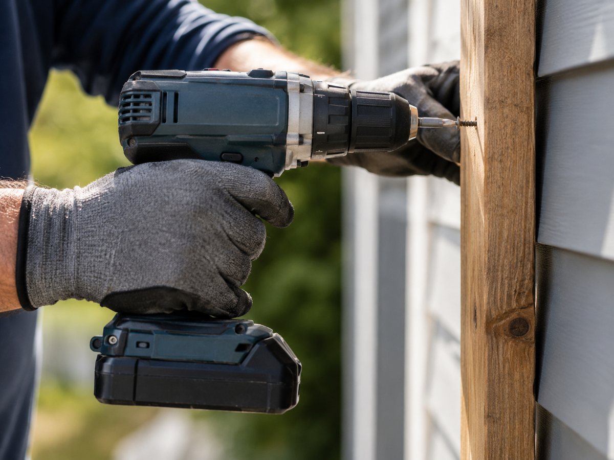 Handyman driving a screw into fresh lumber